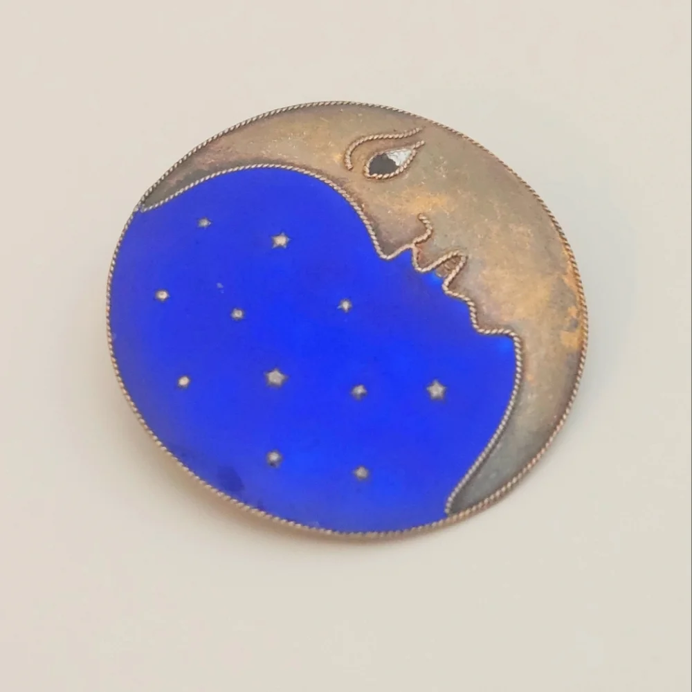 Laurel Burch Gold Over Sterling Silver Enameled Moon And Stars Brooch